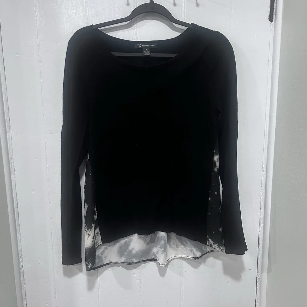 INC International Concepts 2-in-I Short Black Knit Sweater Black White Print M